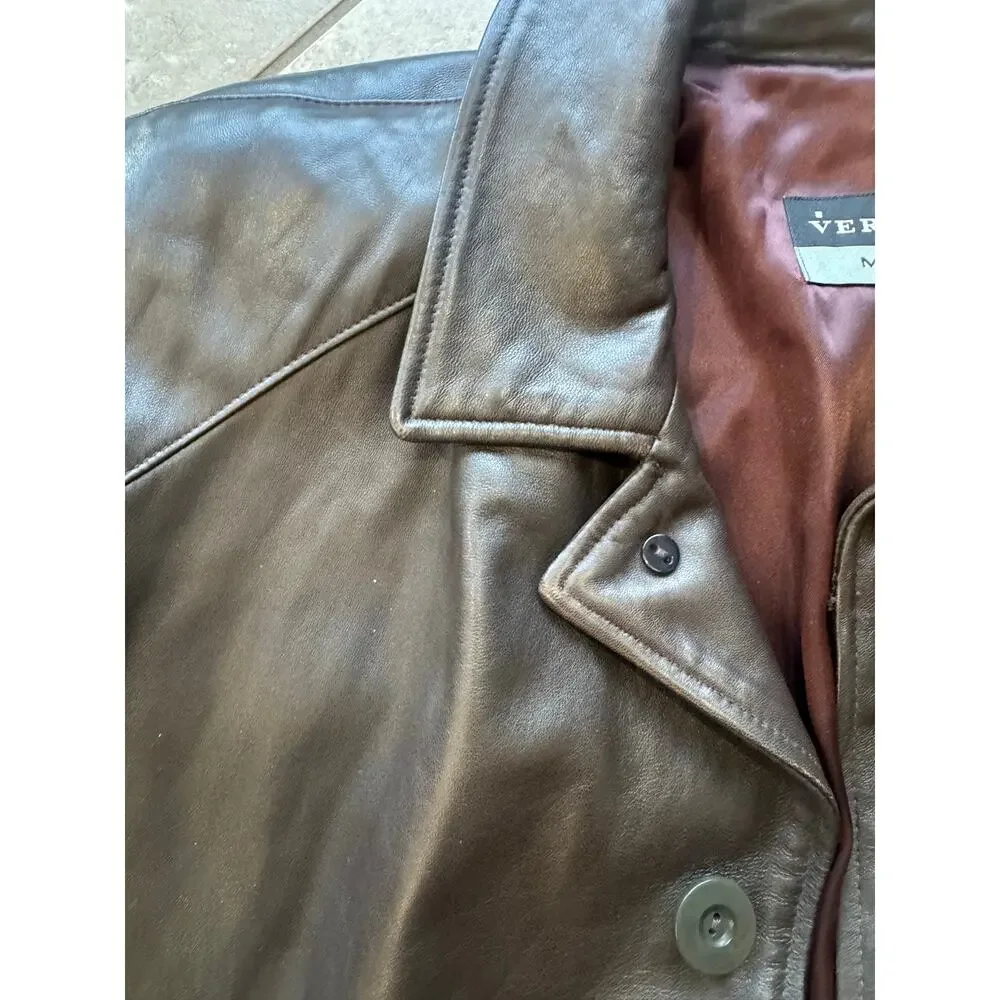 Vericci Man Brown Leather Trench Coat Full Length Duster Jacket Mens Size Large